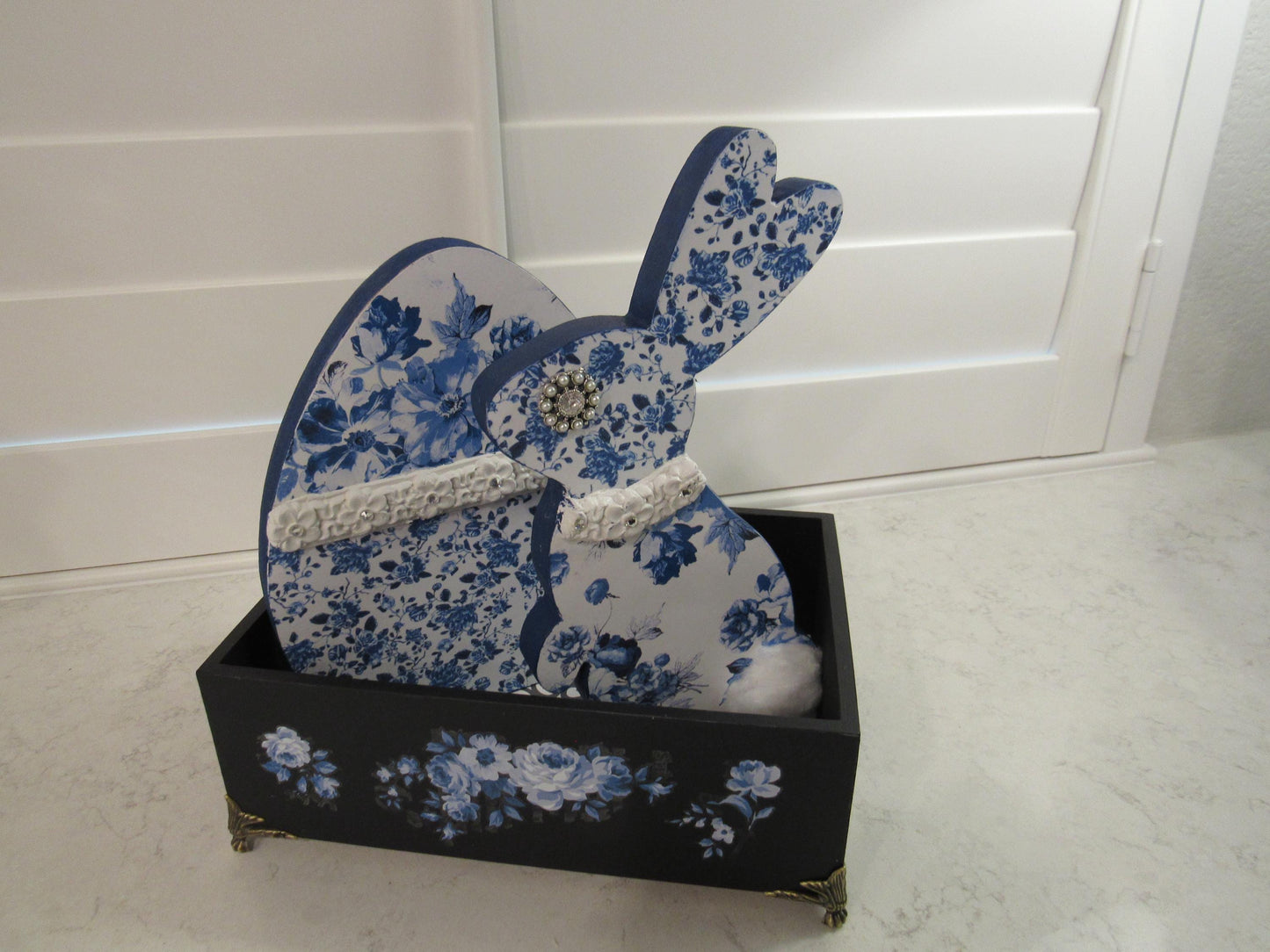 Hand-Painted Bamboo Storage Box with Blue Florals - Black with Brass Feet