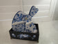 Hand-Painted Bamboo Storage Box with Blue Florals - Black with Brass Feet