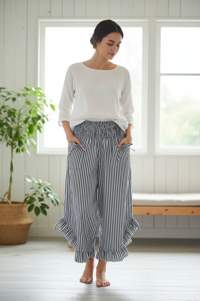 Cotton Wide Leg Bloomer Pants - Striped with Elastic Waist & Tie Pockets