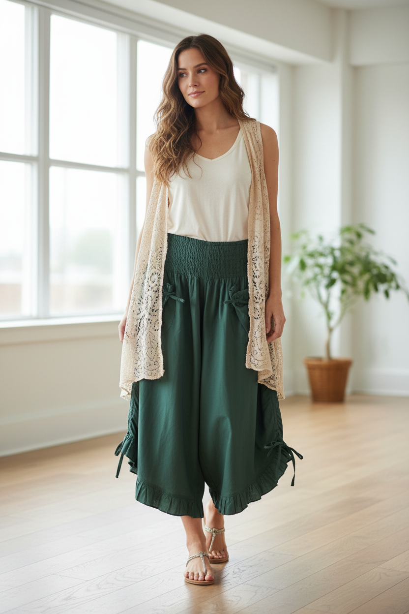 Cotton Wide Leg Bloomer Pants - Solid Colors with Elastic Waist & Tie Pockets