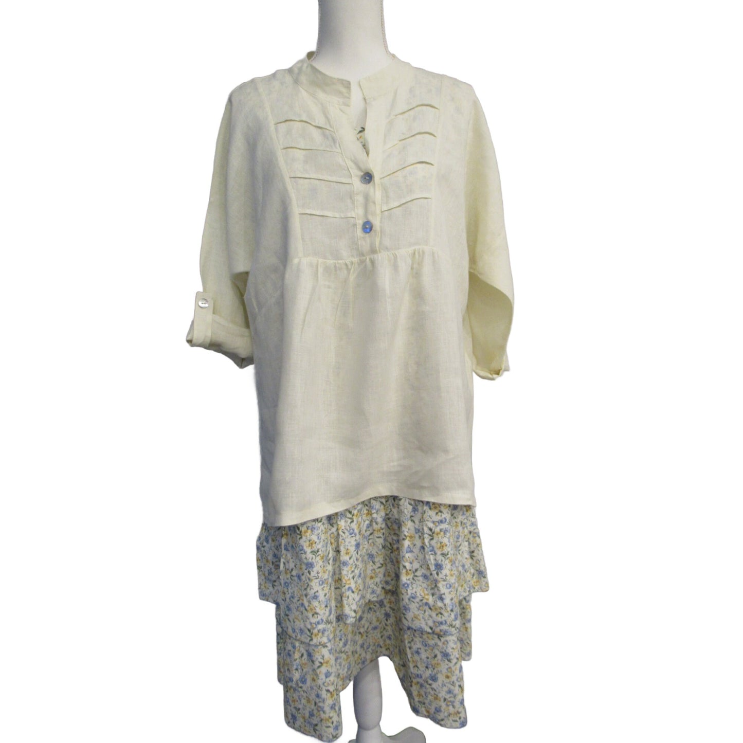 Handmade Linen Tunic Top – Pale Yellow 3/4 Sleeve, One Size