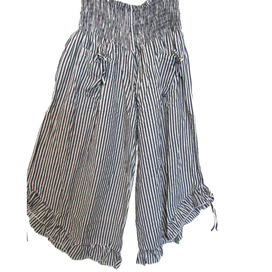 Ladies cotton wide leg Bloomer striped pants with elastic waist, tie pockets and legs