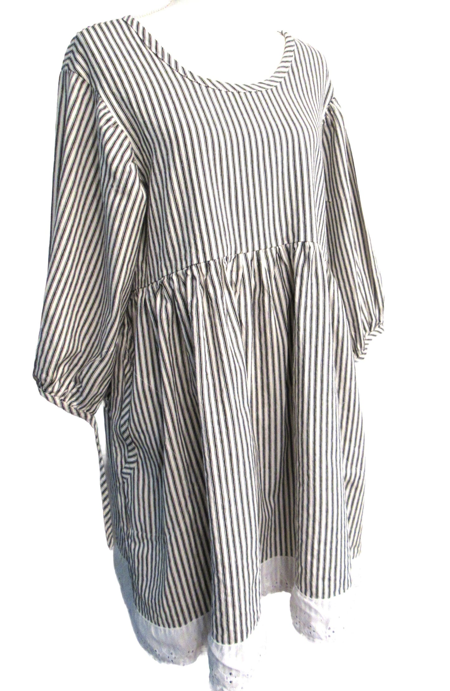 Cotton Ticking Tunic Dress - 3/4 Sleeve, Empire Waist, Eyelet Lace - Made in USA