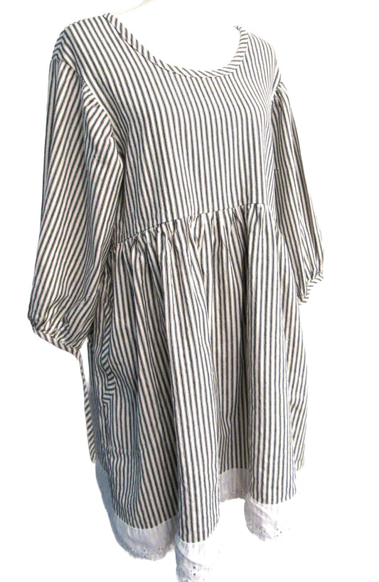 Cotton Ticking Tunic Dress - 3/4 Sleeve, Empire Waist, Eyelet Lace - Made in USA