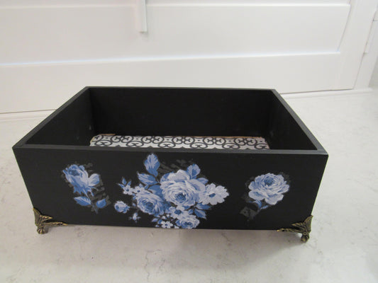 Hand painted bamboo box with blue florals and gold legs