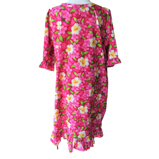 Ladies extra small short sleeve hawaiian print cotton Brianna tunic dress with ruffled hem and ruching detail Final SALE