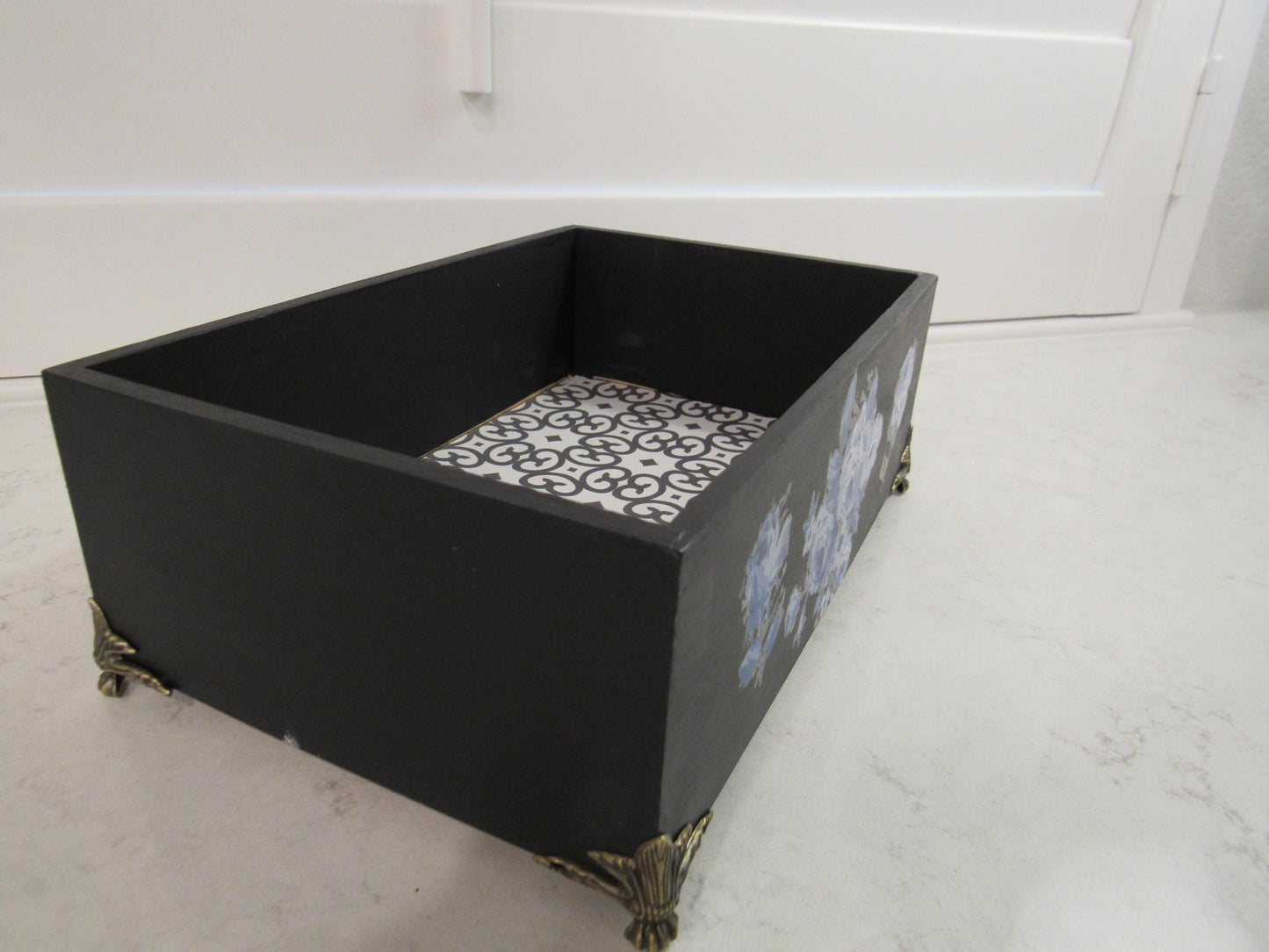 Hand-Painted Bamboo Storage Box with Blue Florals - Black with Brass Feet