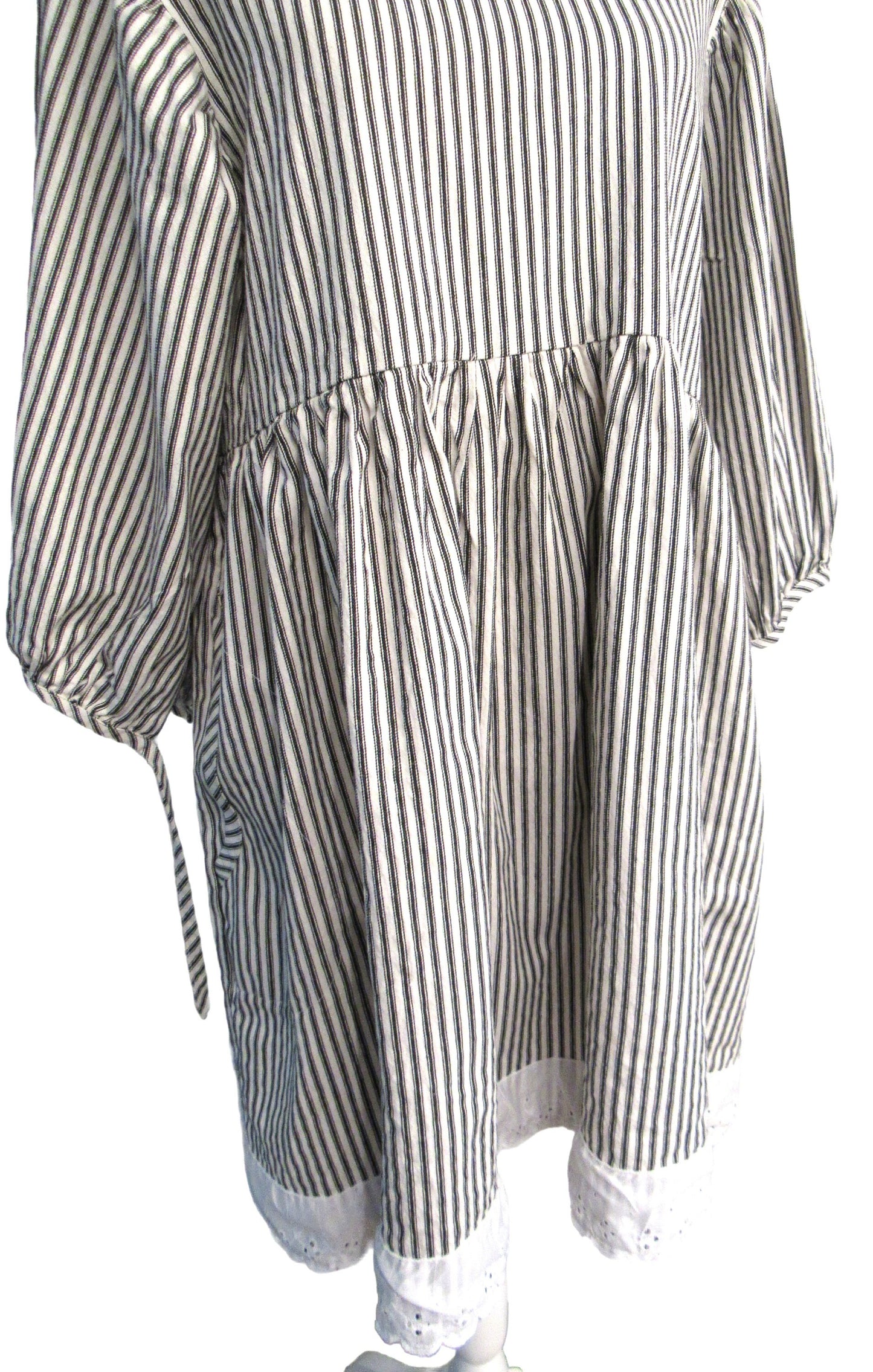 Cotton Ticking Tunic Dress - 3/4 Sleeve, Empire Waist, Eyelet Lace - Made in USA