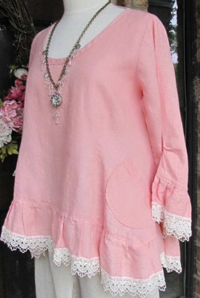 Ladies 100% Pink Linen Ruffle Rosie Top with Venise Lace