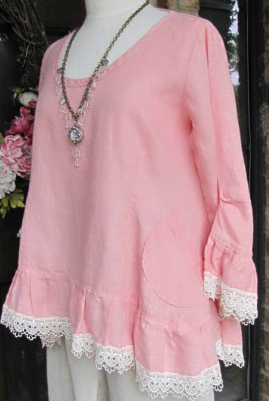 Ladies 100% Pink Linen Ruffle Rosie Top with Venise Lace