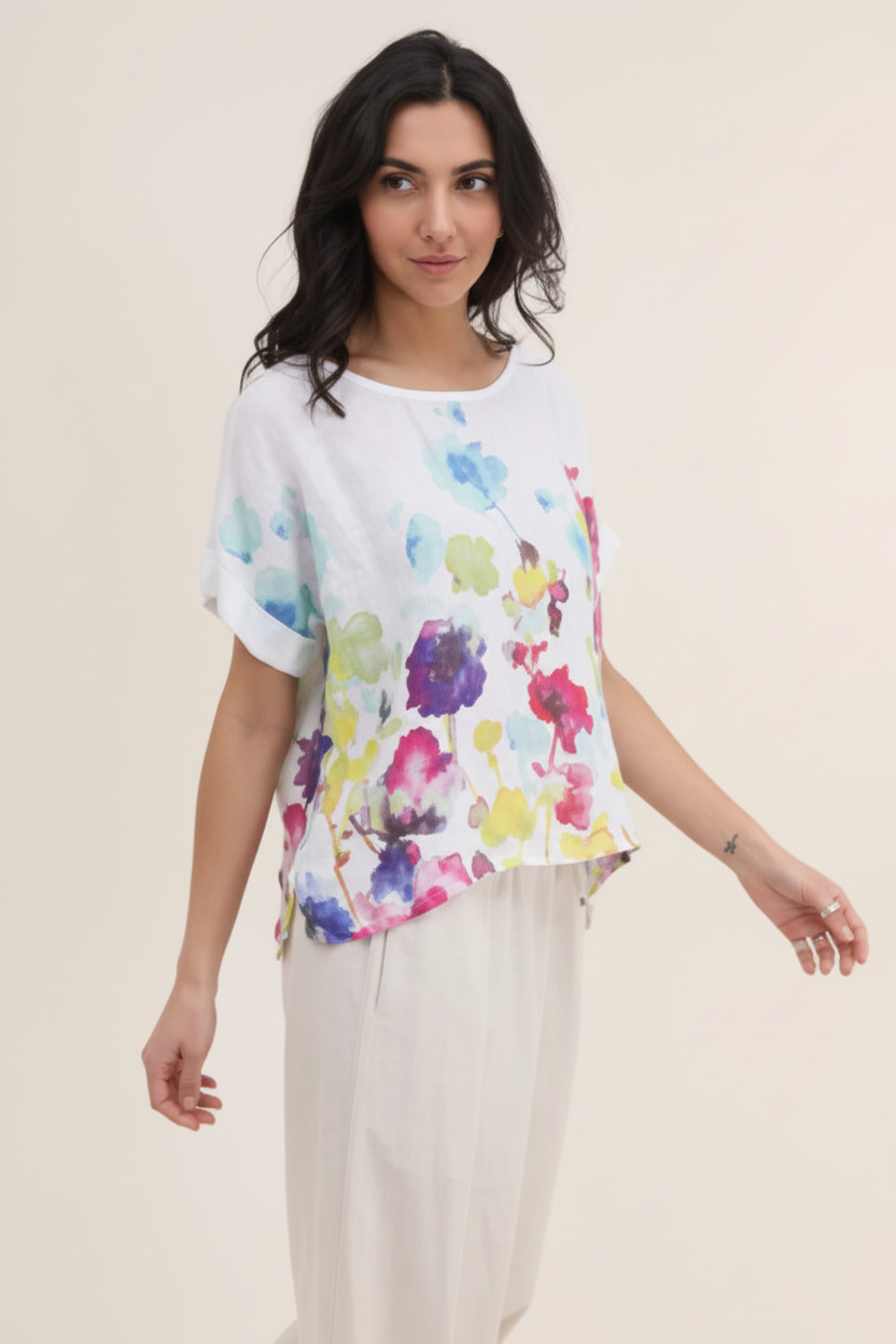 Italian Printed White Linen Blouse | Short Sleeve