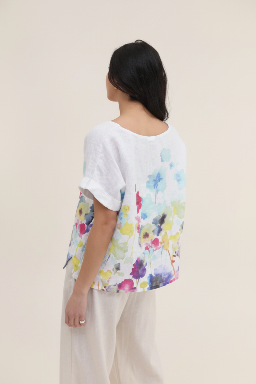 Italian Printed White Linen Blouse | Short Sleeve