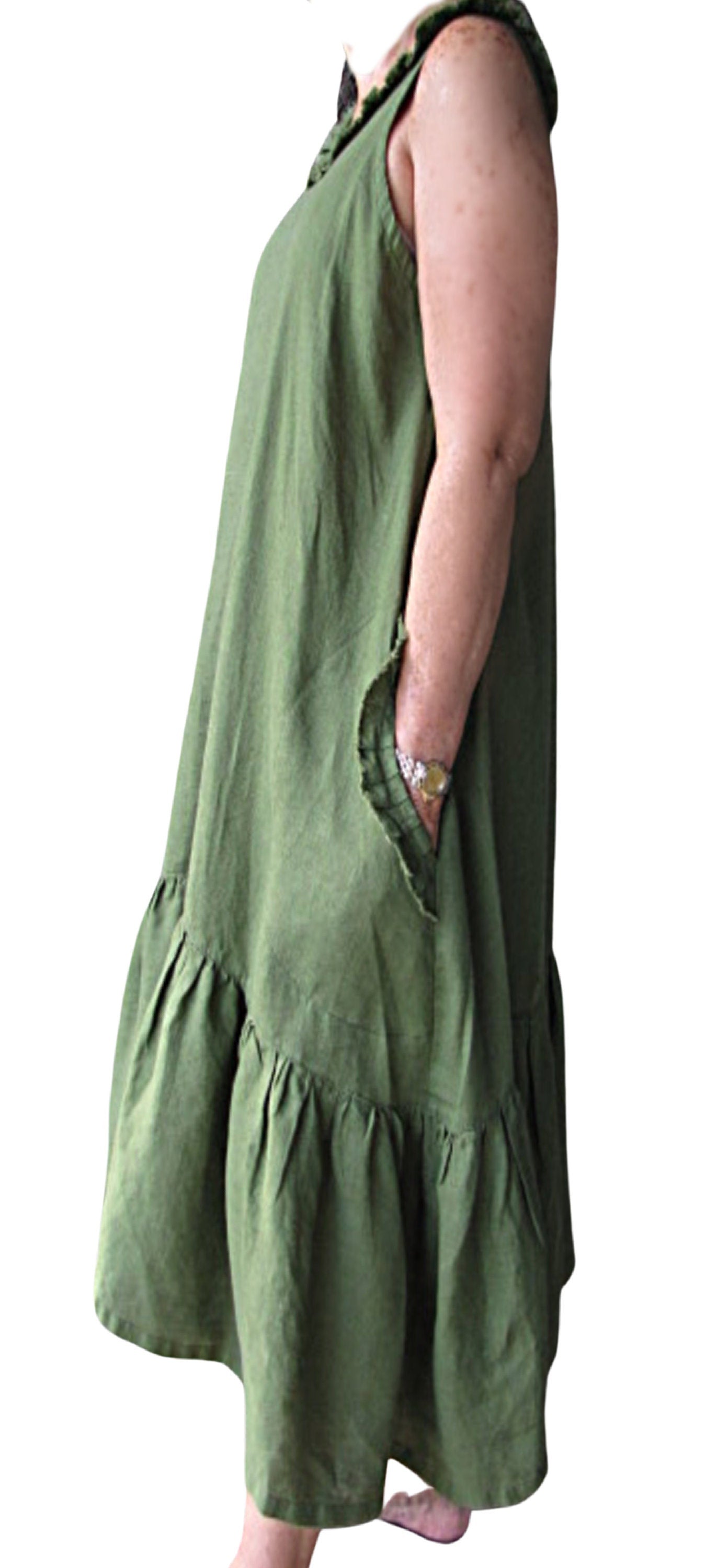Sage Green Linen Dress - Ruffle Collar Midi with Pockets and Tiered Hem