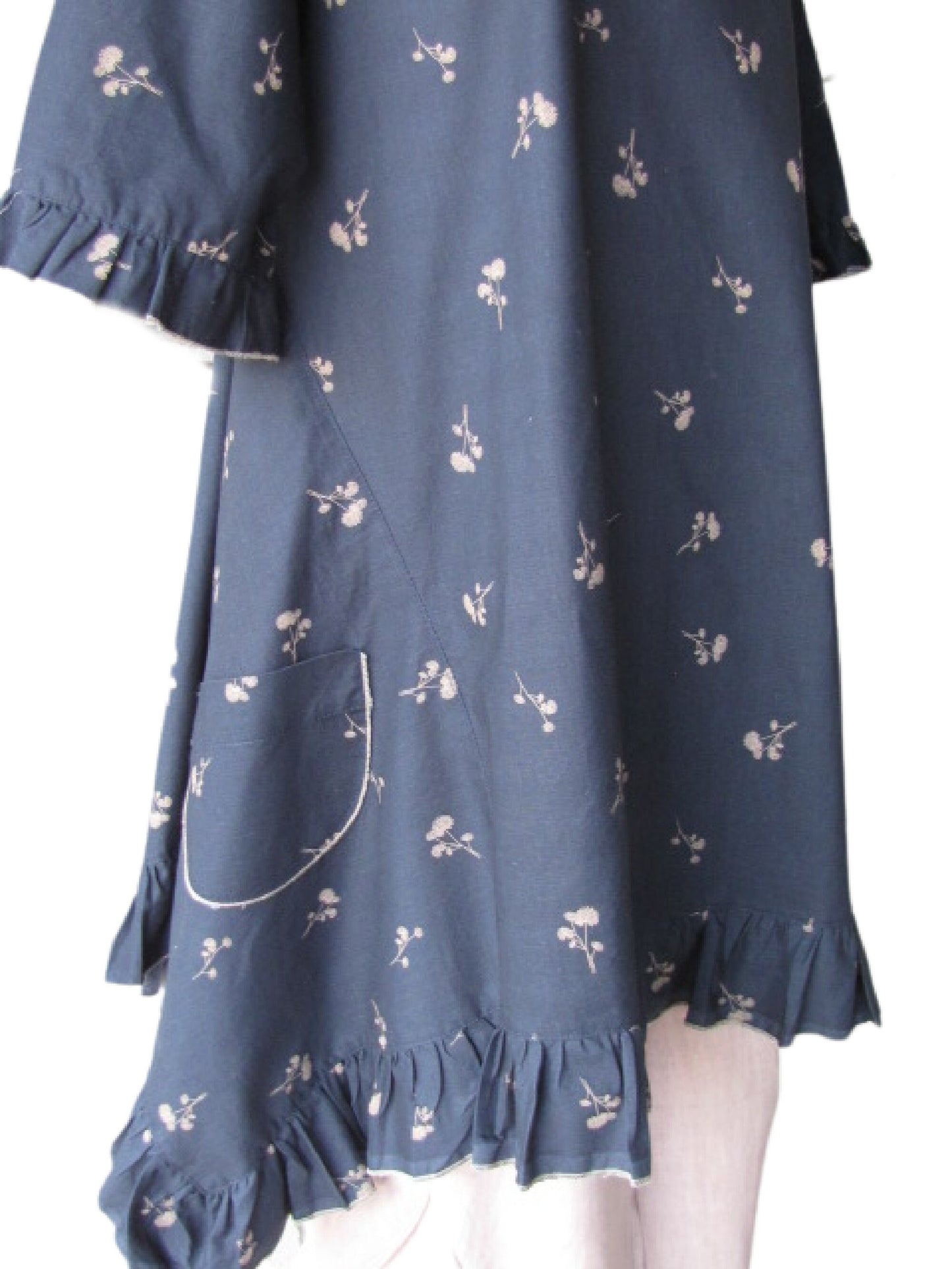 Floral Cotton Swing Top - Navy Blue Ruffle Tunic, Size Small
