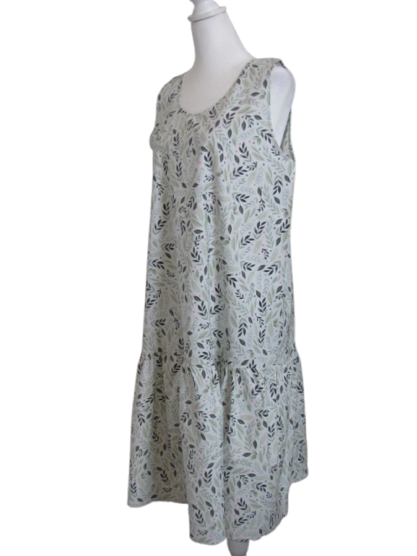 Handmade Cotton Slip Dress - Ruffled Hemline, Leaf Print (Small-Medium)