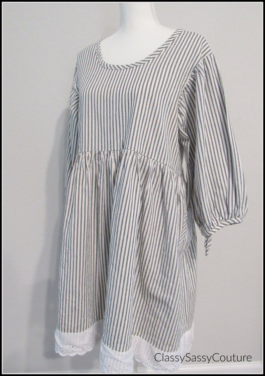 Cotton Ticking Tunic Dress - 3/4 Sleeve, Empire Waist, Eyelet Lace - Made in USA