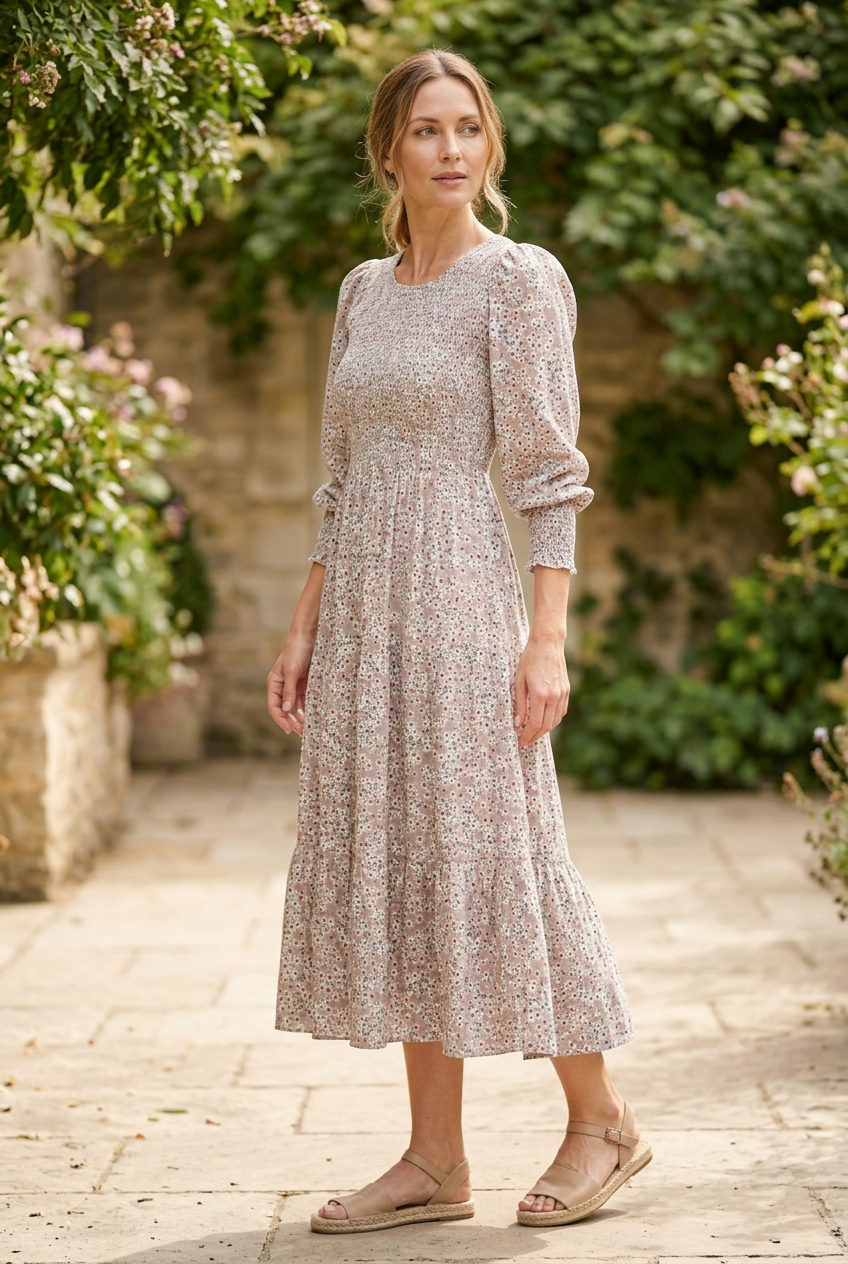 Blossom Floral Smocked Tiered Midi Dress