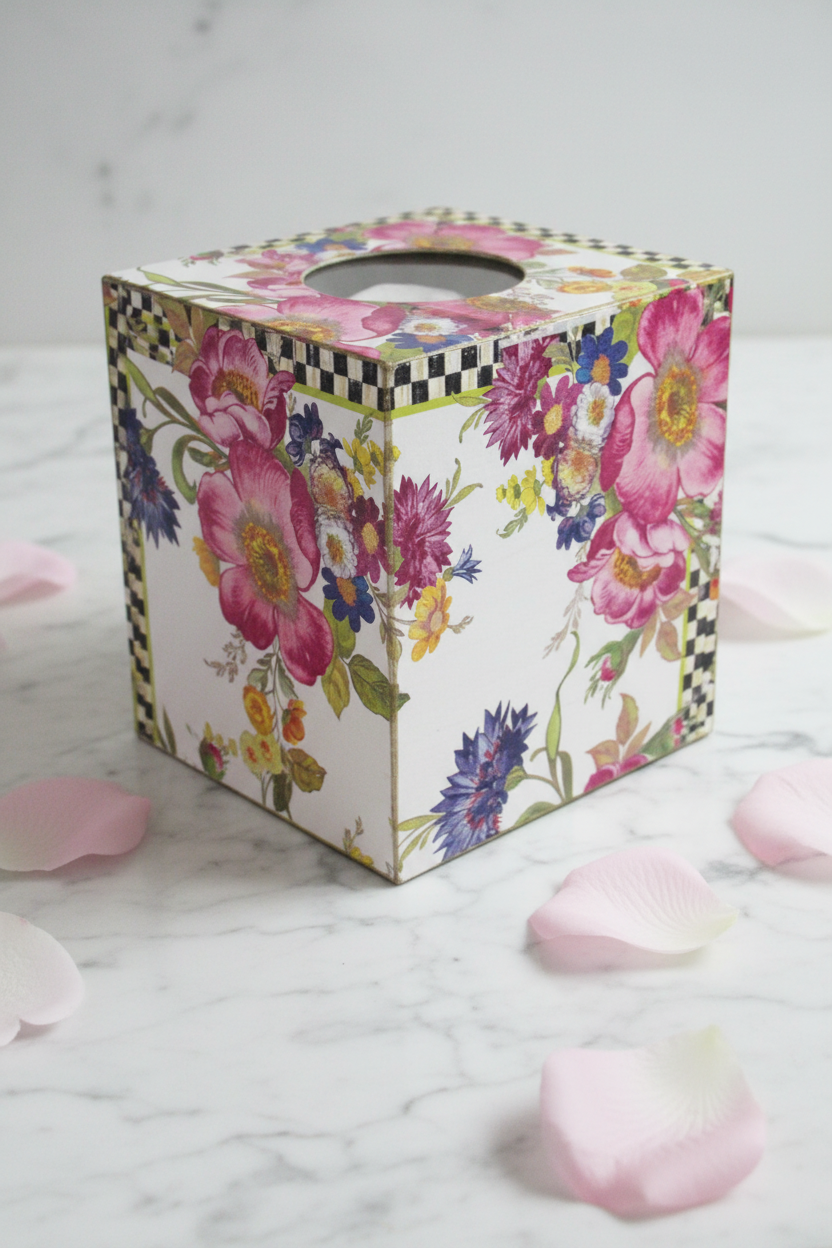 Harlequin & Floral Handmade Wood Tissue Box Cover