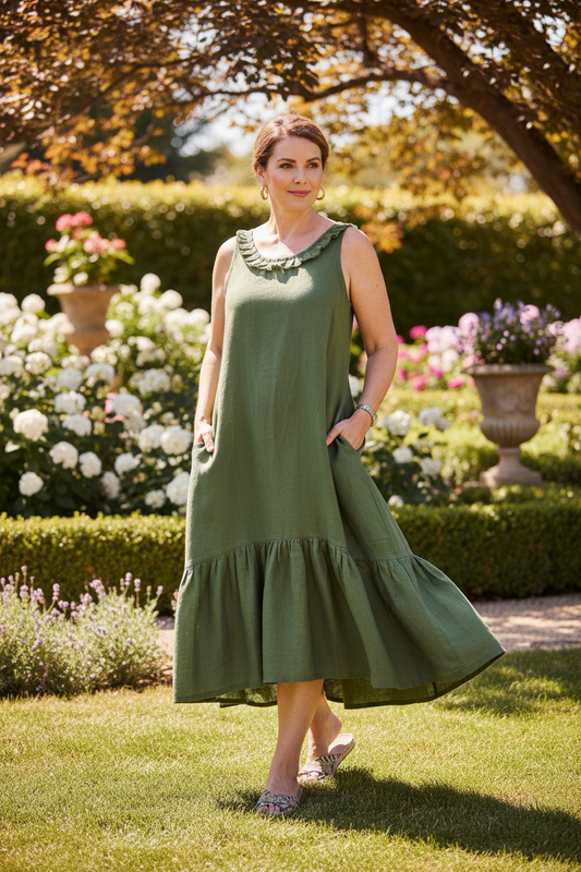 Sage Green Linen Dress - Ruffle Collar Midi with Pockets and Tiered Hem