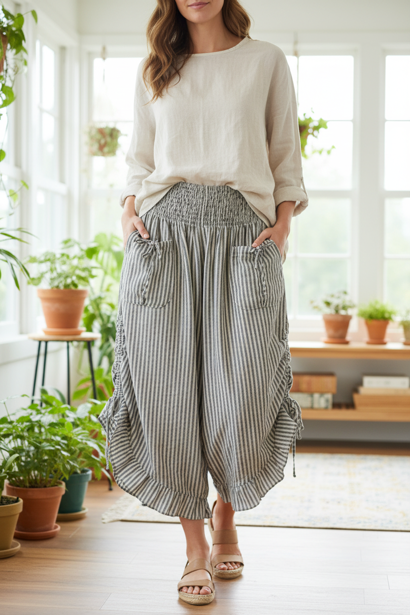 Cotton Wide Leg Bloomer Pants - Striped with Elastic Waist & Tie Pockets