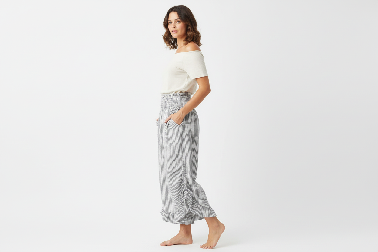 Cotton Wide Leg Bloomer Pants - Striped with Elastic Waist & Tie Pockets