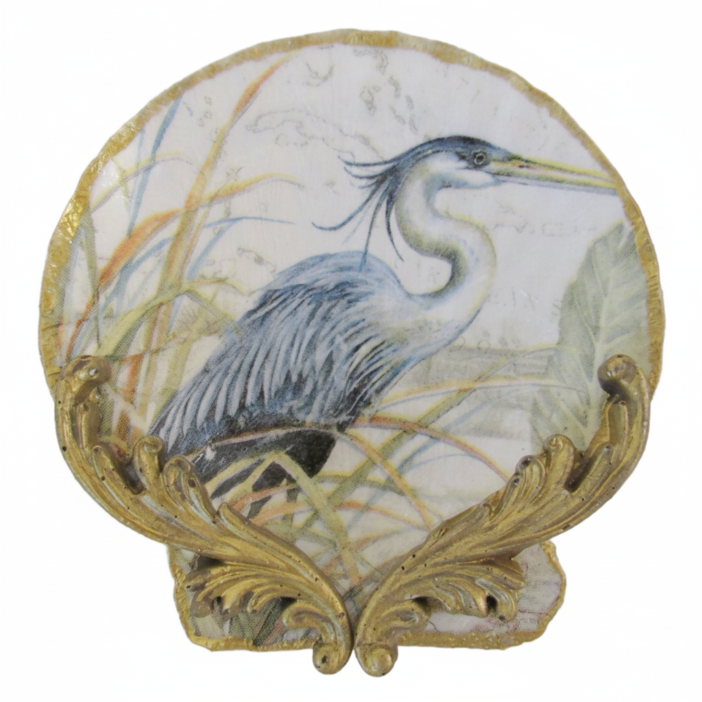 Hand-Crafted Blue Heron Shell Trinket Dish - Coastal Decor Jewelry Holder