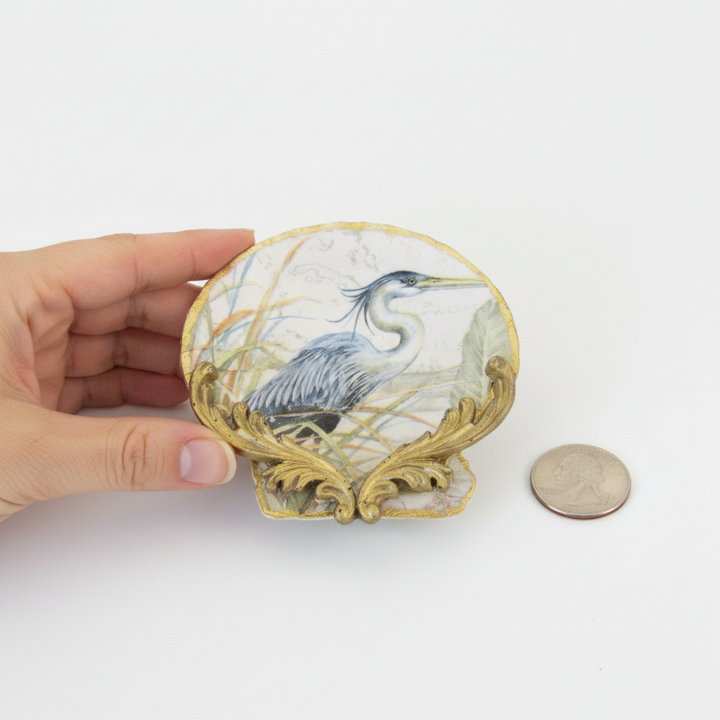 Hand-Crafted Blue Heron Shell Trinket Dish - Coastal Decor Jewelry Holder