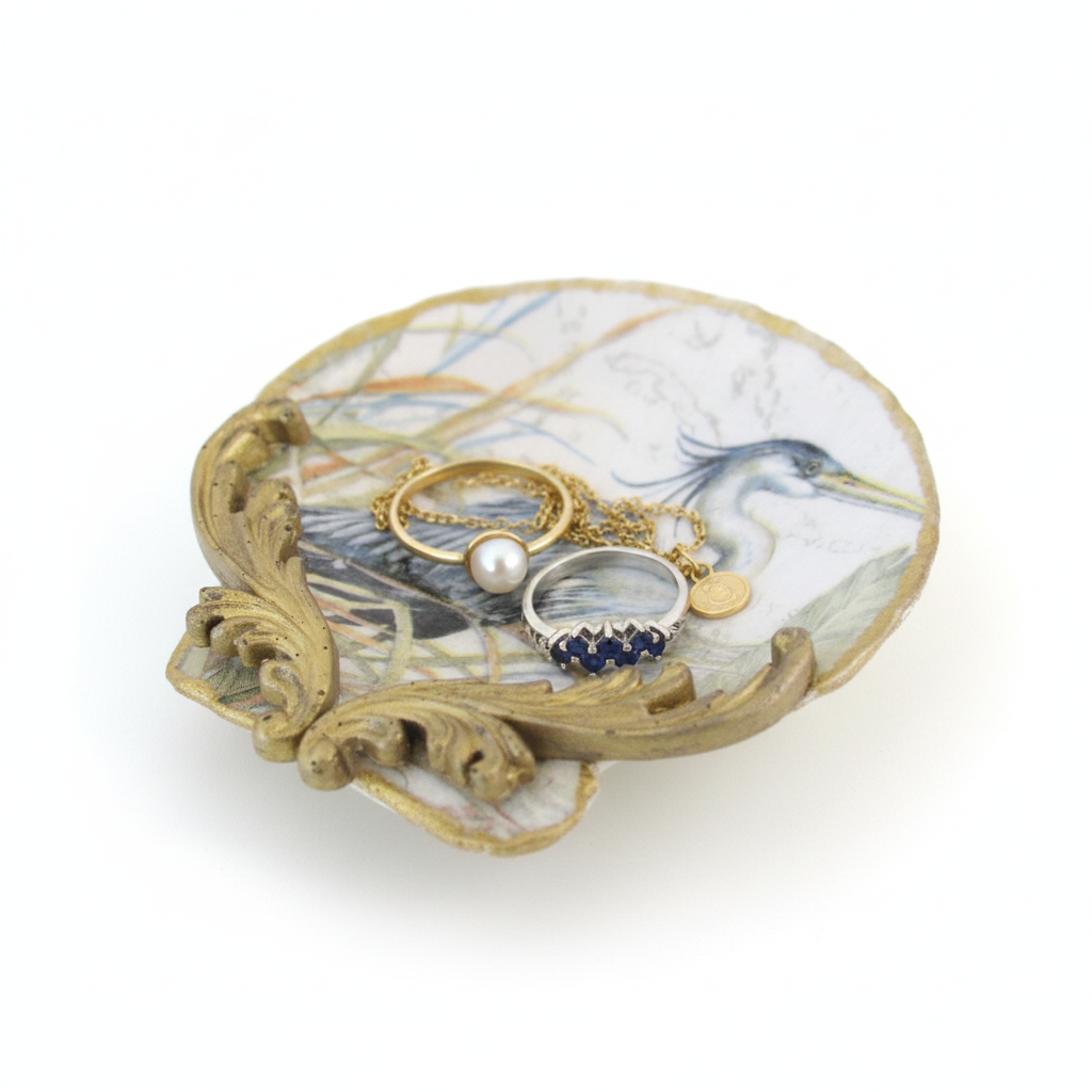 Hand-Crafted Blue Heron Shell Trinket Dish - Coastal Decor Jewelry Holder