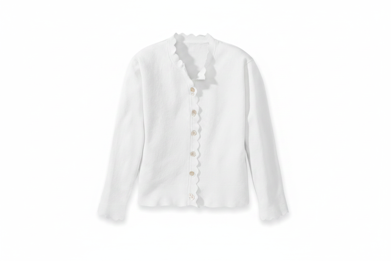 White scallop trimmed shrug flat lay