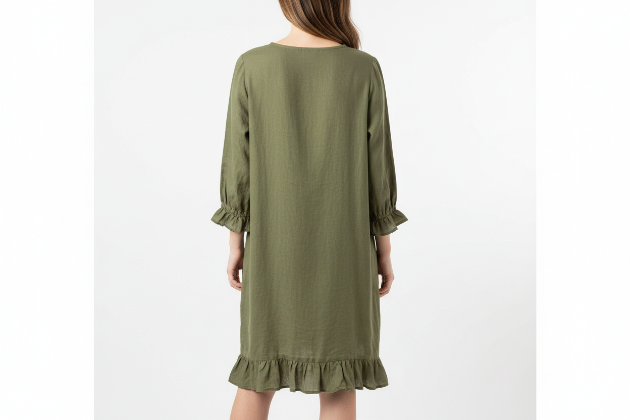 Olive green linen dress back view