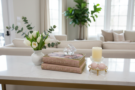 Decorative bunny book stack with crystal figurine styled in elegant home setting