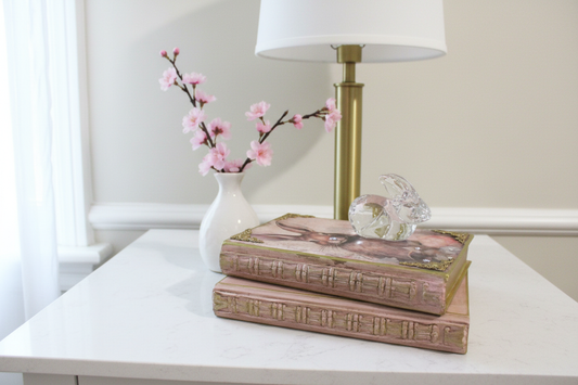 Bunny book stack with gold embellishments and crystal bunny in luxury home décor