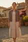 Beige linen tiered dress styled with cropped taupe linen jacket - jacket sold separately