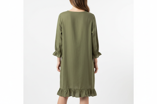 Olive green linen dress back view