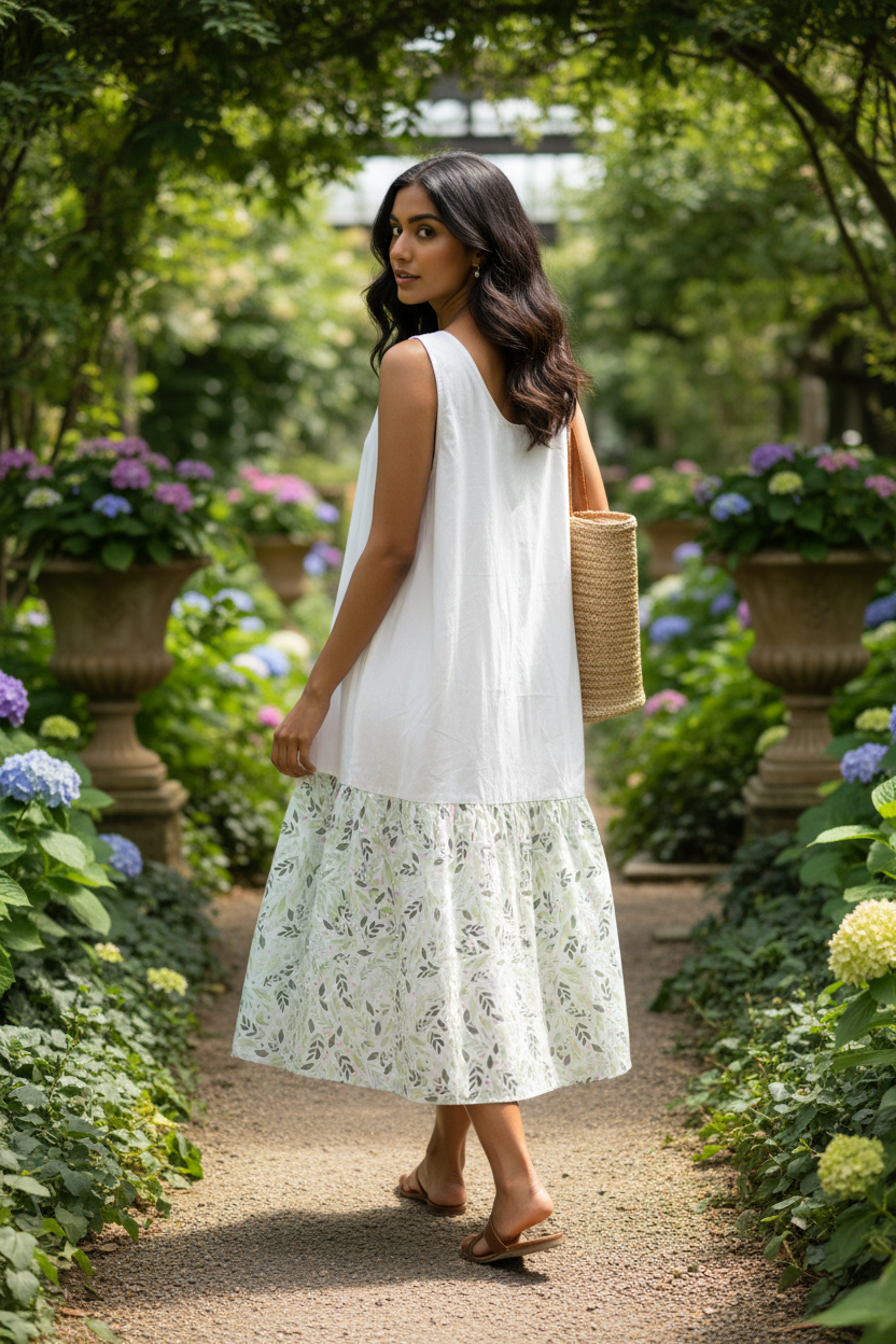 White linen tank slip dress with floral ruffle styled in natural setting