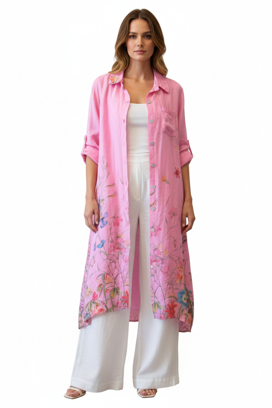 Pink Italian linen duster dress styled open over white pants