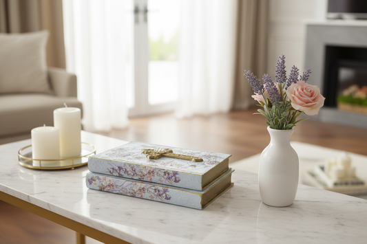 Decorative book stack with pressed flowers and gold cross styled in elegant home setting