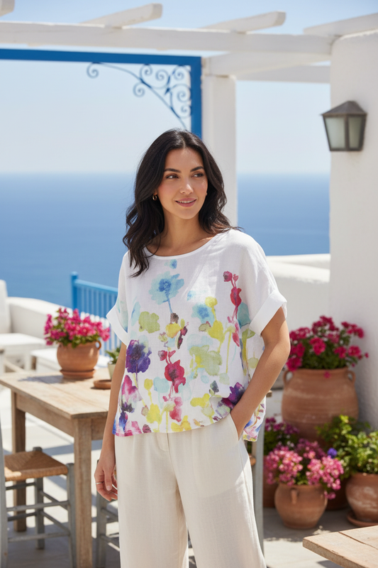 Italian Printed White Linen Blouse - Mediterranean Lifestyle