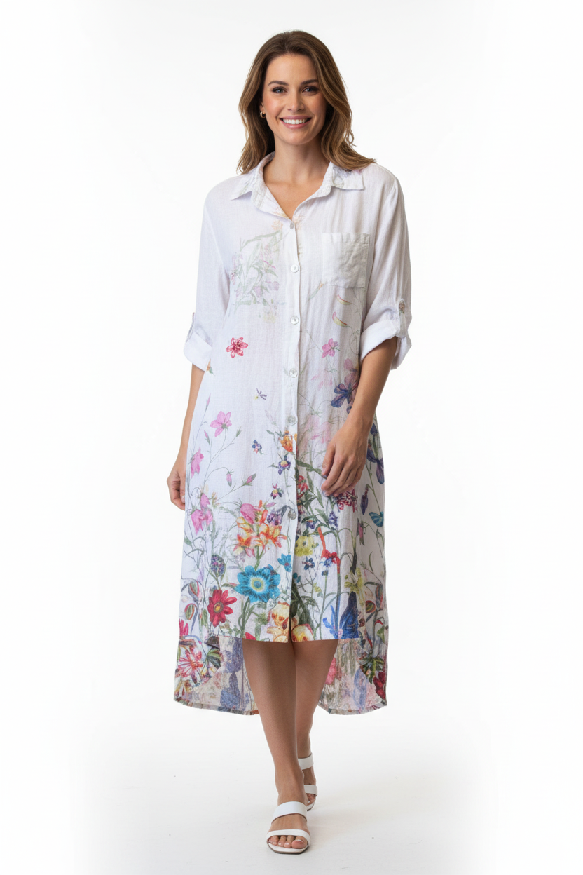 White Italian linen floral duster dress lifestyle