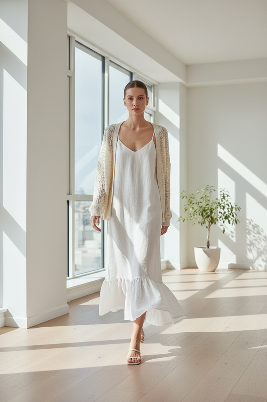 White linen slip dress styled with layered jacket