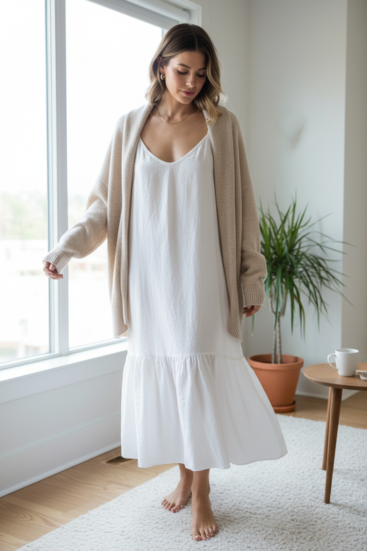 Model wearing white linen slip dress in natural light setting