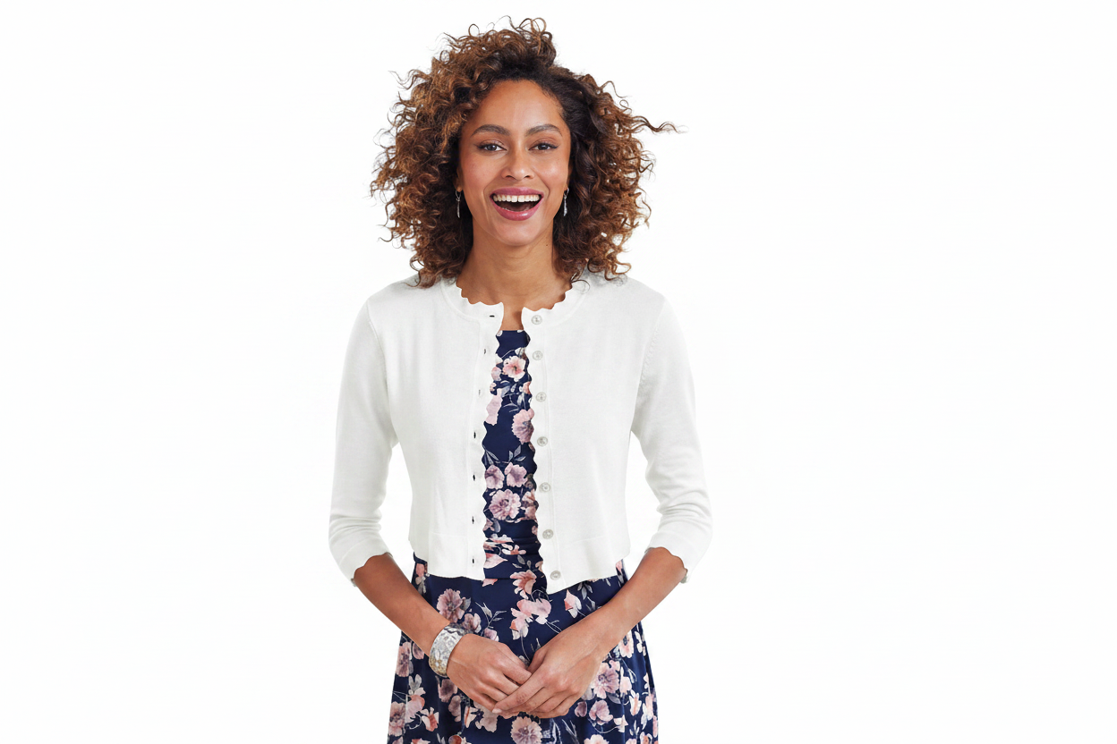 Woman wearing white scallop trimmed shrug over a floral dress