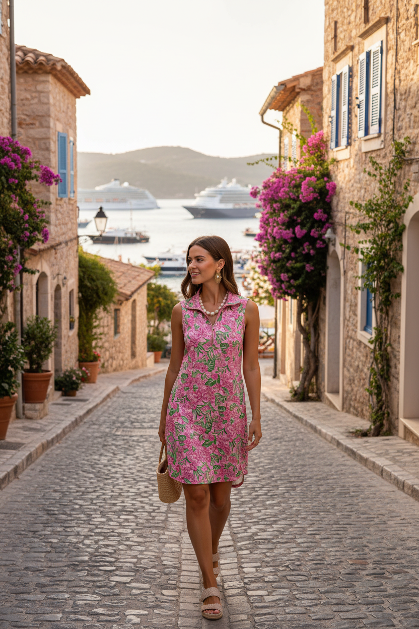 Sun-Cool Clubhouse Dress Pink Multi - Mediterranean port town lifestyle