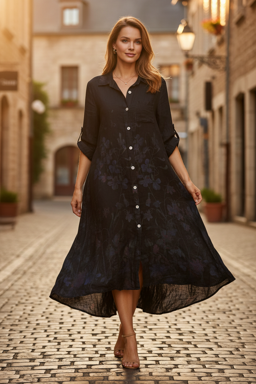 Black Italian linen floral duster dress on European cobblestone street