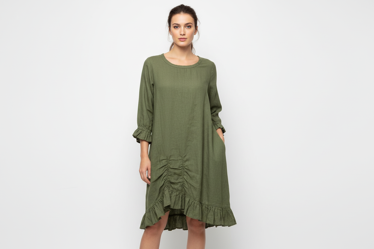 Olive green linen dress front view