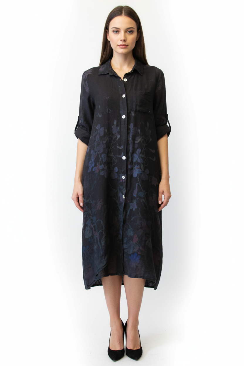 Black Italian linen floral duster dress lifestyle