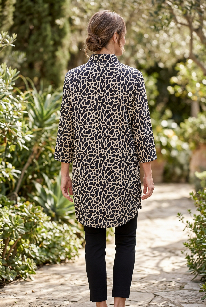 Lifestyle back view of the giraffe-print tunic with longer back hem