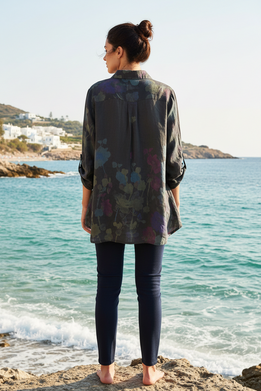 Flared Floral Print Linen Blouse #26513 | La Maison Des Fibres Naturelles