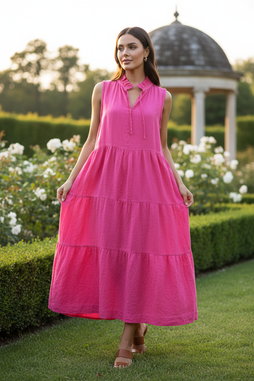 Hot Pink Linen Maxi Dress - Sleeveless Ruffle Collar Tiered Maxi