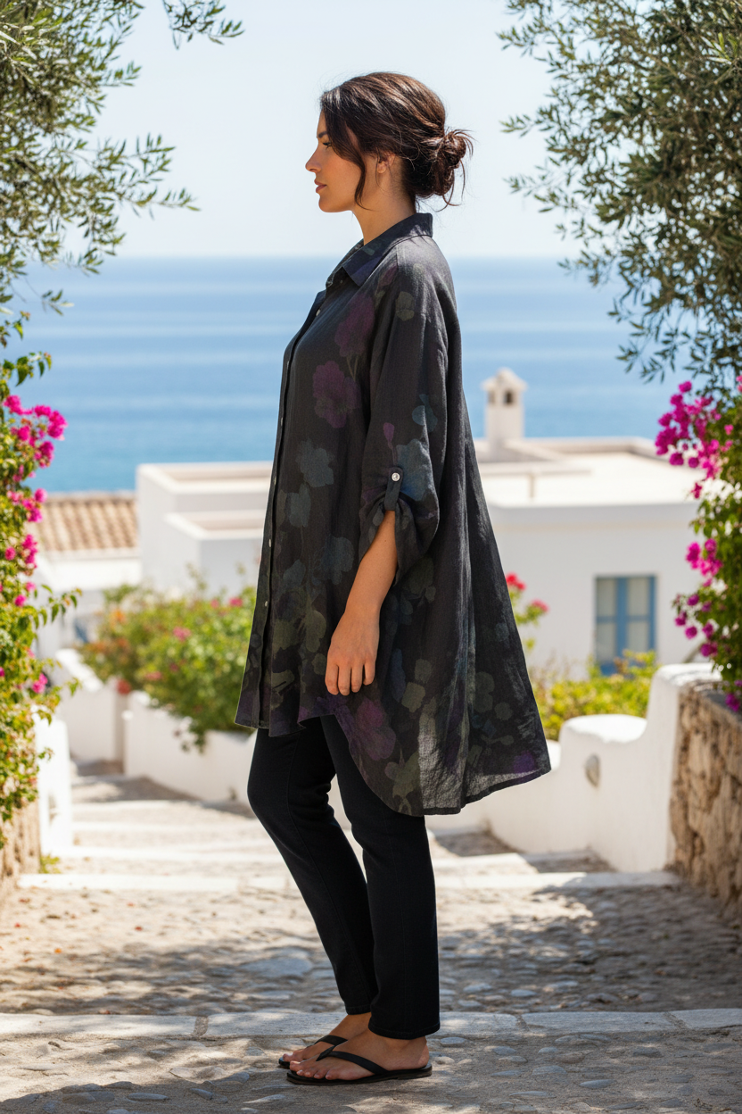 Flared Floral Print Linen Blouse #26513 | La Maison Des Fibres Naturelles